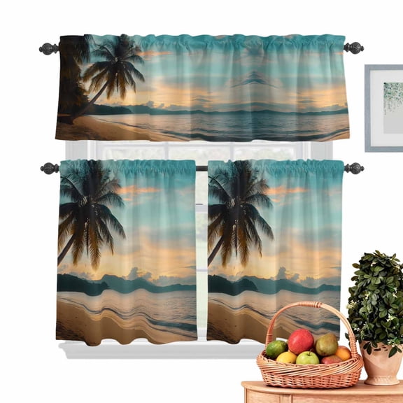 Summer Beach Sunset Landscape Kitchen Curtains Valances 3 Piece Set, Coastal Ocean Palm Tree Blue Cloud Sky Rod Pocket Tier Curtain and Valance Drapes for Small Window 36 Inch Length for Bedroom Cafe
