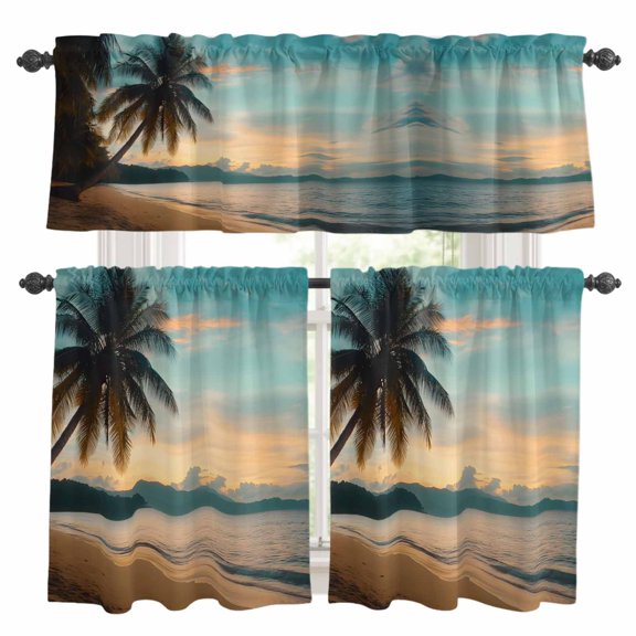 Summer Beach Sunset Landscape Kitchen Curtains Valances and Tiers Set of 3 Coastal Ocean Palm Tree Blue Cloud Sky Tier Curtains and Valance with Rod Pocket for Small Windows, 27.5"x36"