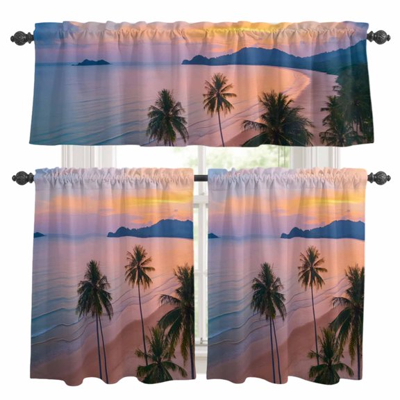 Summer Beach Sunset Landscape Kitchen Curtains Valances and Tiers Set of 3 Coastal Ocean Palm Tree Cloud Sky Wave Tier Curtains and Valance with Rod Pocket for Small Windows, 27.5"x36"