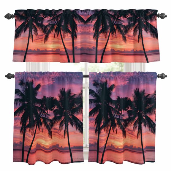 Summer Beach Sunset Landscape Kitchen Curtains Valances and Tiers Set of 3 Coastal Ocean Palm Tree Red Cloud Sunlight Tier Curtains and Valance with Rod Pocket for Small Windows, 27.5"x36"