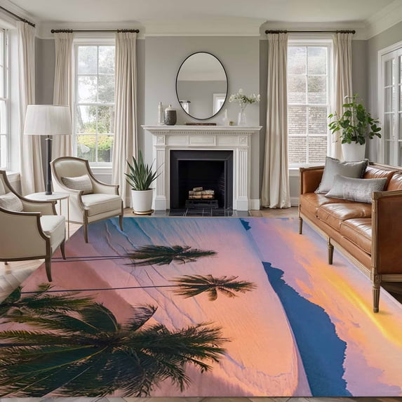 Summer Beach Sunset Landscape Living Room Rugs 5'x7', Coastal Ocean Palm Tree Cloud Sky Wave Low Pile Throw Large Area Rugs Non-Slip Sturdy Edge Binding Carpet for Dining Room Bedside Kitchen