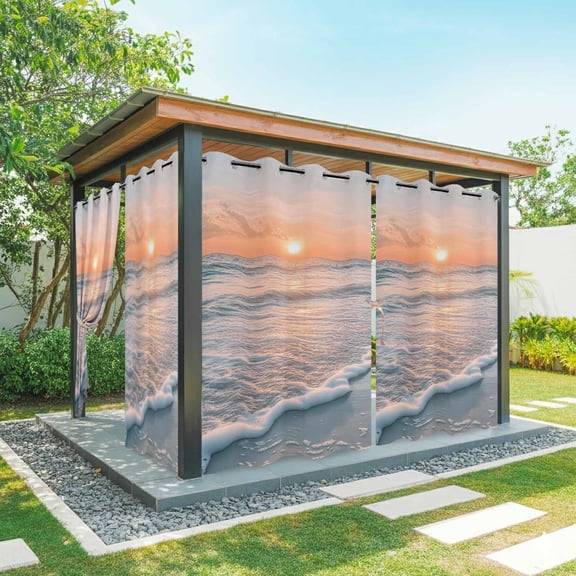 Summer Beach Sunset Landscape Outdoor Curtains for Patio Waterproof, Coastal Ocean Red Cloud Sky Wave Grommet Curtains for Porch Outside Privacy Drape for Gazebo Garden Pergola, 1 Panel, 54x84in