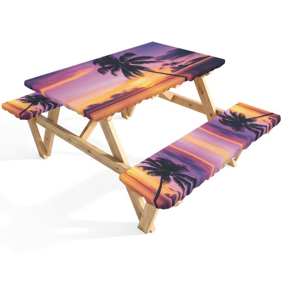 Summer Beach Sunset Landscape Picnic Table Cover with Bench Covers Coastal Ocean Palm Tree Red Cloud Sky Waterproof Fitted Picnic Tablecloth 3 Pieces Set Table Cloth for Outdoor Camping Garden BBQ