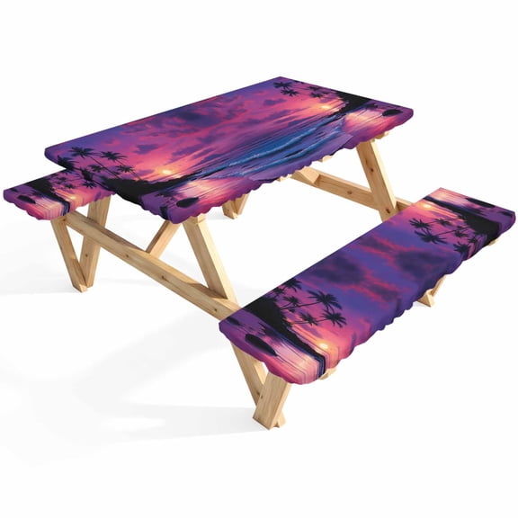 Summer Beach Sunset Landscape Picnic Table Cover with Bench Covers Coastal Ocean Palm Tree Red Cloud Wave Waterproof Fitted Picnic Tablecloth 3 Pieces Set Table Cloth for Outdoor Camping Garden BBQ