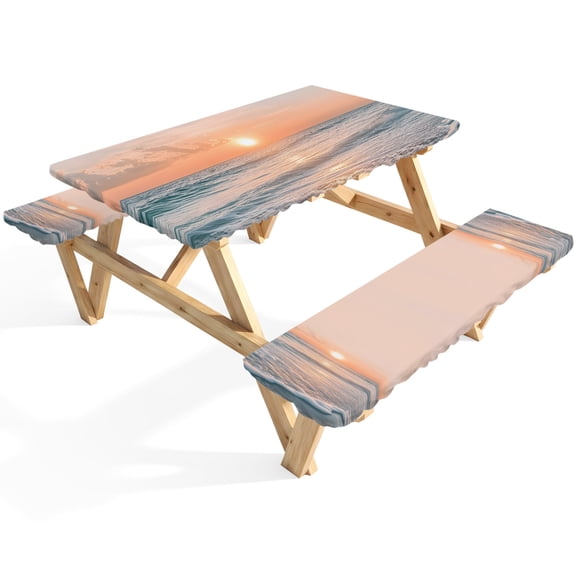 Summer Beach Sunset Landscape Picnic Table Cover with Bench Covers Coastal Ocean Red Cloud Sky Wave Waterproof Fitted Picnic Tablecloth 3 Pieces Set Table Cloth for Outdoor Camping Garden BBQ