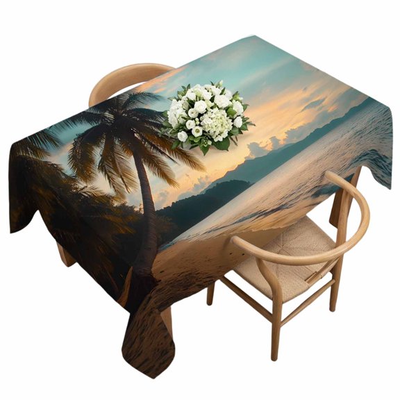 Summer Beach Sunset Landscape Rectangle Tablecloth Coastal Ocean Palm Tree Blue Cloud Sky Waterproof Wrinkle Free Soft Table Cloth Spill-Proof Washable Table Cover for Dining Picnic 60 x 120 Inch