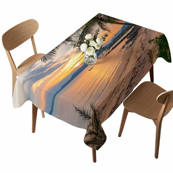 Summer Beach Sunset Landscape Rectangle Tablecloth Coastal Ocean Palm Tree Cloud Boat Waterproof Wrinkle Free Soft Table Cloth Spill-Proof Washable Table Cover for Dining Party Picnic 60 x 102 Inch