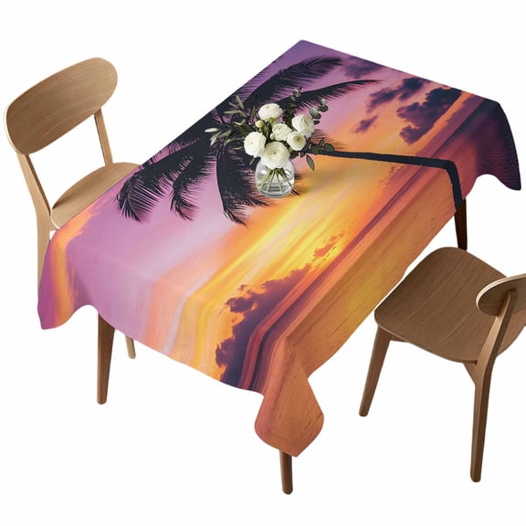 Summer Beach Sunset Landscape Rectangle Tablecloth Coastal Ocean Palm Tree Red Cloud Sky Waterproof Wrinkle Free Soft Table Cloth Spill-Proof Washable Table Cover for Dining Party Picnic 60 x 84 Inch