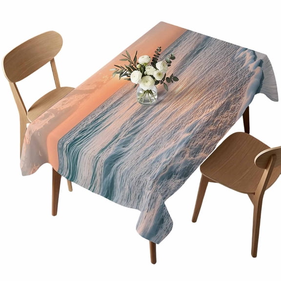 Summer Beach Sunset Landscape Rectangle Tablecloth Coastal Ocean Red Cloud Sky Wave Waterproof Wrinkle Free Soft Table Cloth Spill-Proof Washable Table Cover for Dining Party Picnic 60 x 84 Inch
