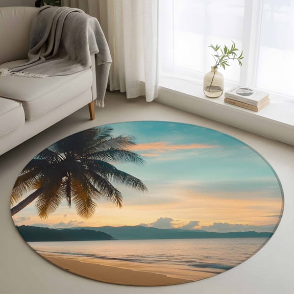 Summer Beach Sunset Landscape Round Living Room Rugs 4 ft, Coastal Ocean Palm Tree Blue Cloud Sky Washable Area Rug Non-Slip Sturdy Edge Binding Round Carpet for Entryway Kitchen Bedroom Bathroom
