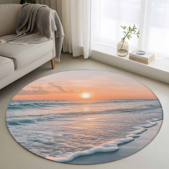 Summer Beach Sunset Landscape Round Rugs for Living Room 3ft Coastal Ocean Red Cloud Sky Wave Non Slip Circle Rug Washable Low-Profile Indoor Carpet for Bedroom, Dining Room, Bathroom