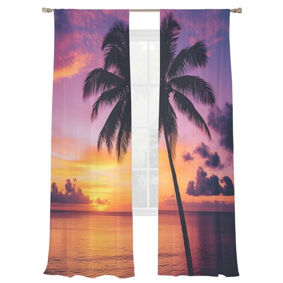 Summer Beach Sunset Landscape Sheer Curtains 108 Inch Long 2 Panels, Coastal Ocean Palm Tree Red Cloud Sky Light Filtering Rod Pocket Curtains, Sheer Voile Drapes for Living Room Bedroom, 52"x108"