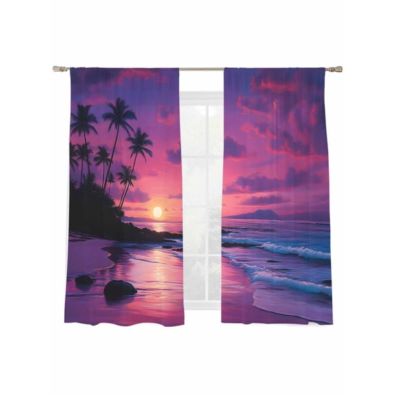 Summer Beach Sunset Landscape Sheer Curtains 63 Inch Long 2 Panels, Coastal Ocean Palm Tree Red Cloud Wave Light Filtering Rod Pocket Curtains, Sheer Voile Drapes for Living Room Bedroom, 52"x63"