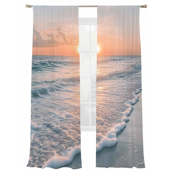 Summer Beach Sunset Landscape Sheer Curtains 96 Inch Long 2 Panels, Coastal Ocean Red Cloud Sky Wave Light Filtering Rod Pocket Curtains, Sheer Voile Drapes for Living Room Bedroom, 52"x96"