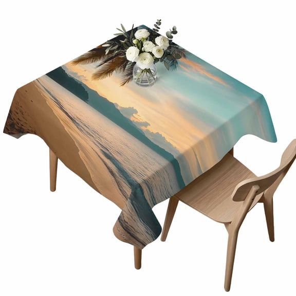 Summer Beach Sunset Landscape Square Tablecloth Coastal Ocean Palm Tree Blue Cloud Sky Waterproof Wrinkle Free Soft Table Cloth Spill-Proof Washable Table Cover for Dining Party Picnic 54 x 54 Inch