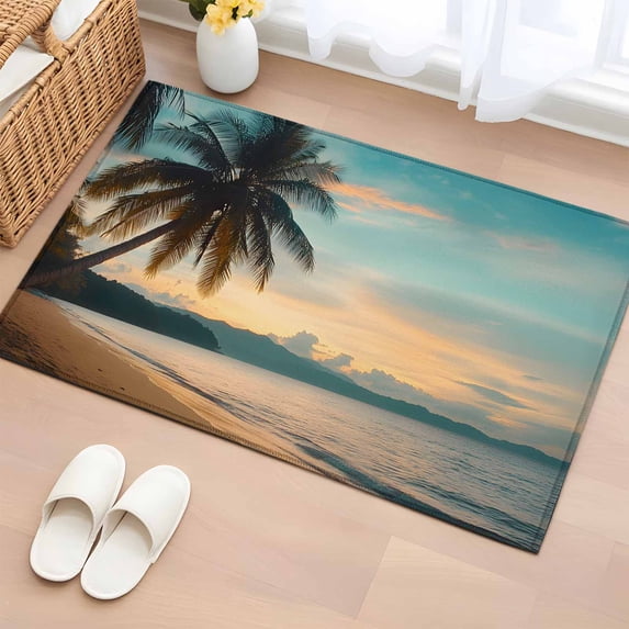 Summer Beach Sunset Landscape Washable Small Entryway Area Rugs 2'x3', Coastal Ocean Palm Tree Blue Cloud Sky Low Pile Throw Rug Non-Slip Sturdy Edge Binding Carpet for Front Door Floor Room Entry