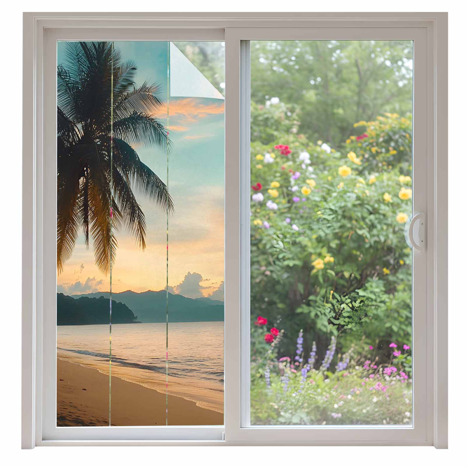 Summer Beach Sunset Landscape Window Privacy Film, Coastal Ocean Palm ...