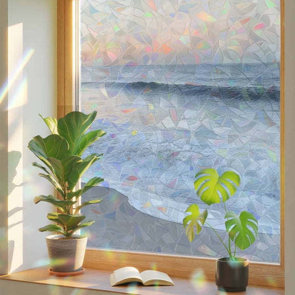 Summer Beach Sunset Landscape Window Privacy Film, Rainbow Film Decorative Window Sticker 17.7x39.3in, Ocean Water Waves Sun Blocking Static Stained Glass Cling Tint Non-Adhesive