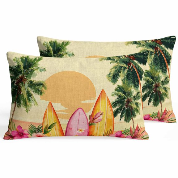 Summer Beach Sunset Lumbar Pillow Covers 12 x 20 Inch Pillow Covers Set of 2 Decorative Tropical Palm Coastal Surfboard Flowers Cushion Case Cotton Linen Pillowcases with Zipper for Couch Sofa Bed