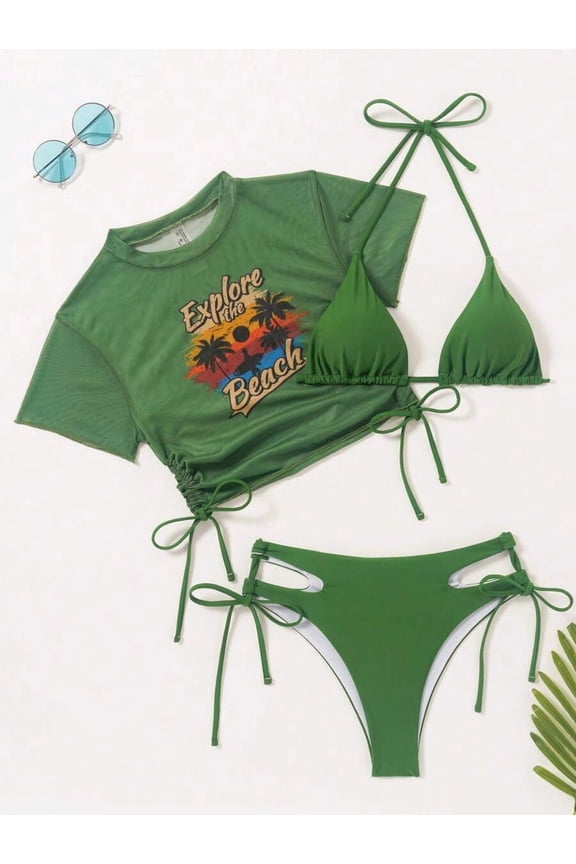 Summer Beach Sunset Print Sheer Mesh Cami Two-Piece Bikini Set