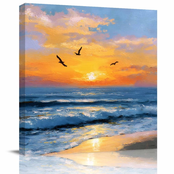 Summer Beach Sunset Seaside Canvas Artwork Painting Art, Ocean Natural Scenery Flying Bird Square Framed Wall Decorations Prints Picture for Bedroom Kitchen Living Room, 8x8 in