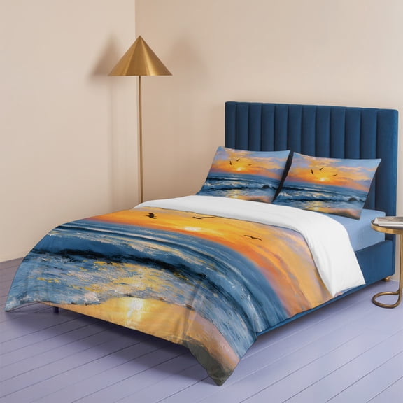 Summer Beach Sunset Seaside Queen Size Bed Set,Ocean Natural Scenery Flying Bird Bedding for All Seasons,4 Pcs Bed Set,1 Quiltcover (90"x90"),1 Sheet (90"x102"),2 Pillowcases (20"x30")