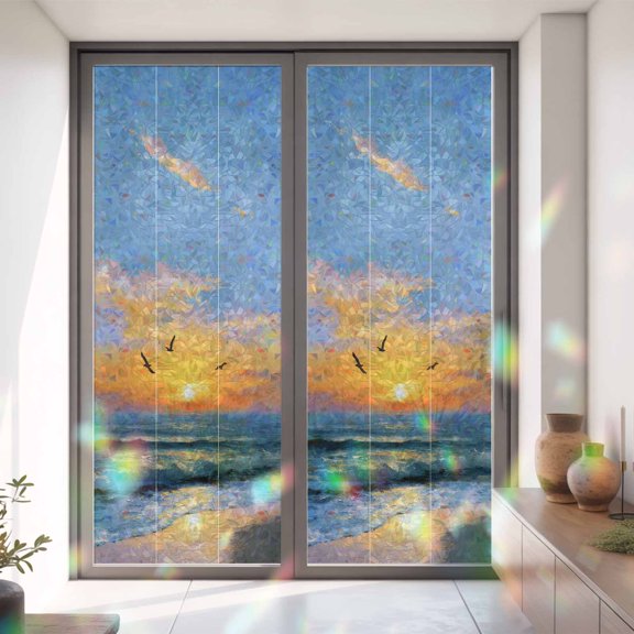 Summer Beach Sunset Seaside Window Privacy Film, Rainbow Film Decorative Window Sticker 35.4x78.7in, Ocean Natural Scenery Flying Bird Sun Blocking Static Stained Glass Cling Tint Non-Adhesive