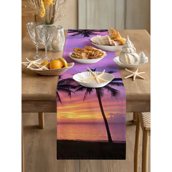 Summer Beach Sunset Table Runner 13x70in Non-Slip Cotton Linen Table Runners, Palm Trees Shadow Dresser Scarves TableRunner for Dinner Kitchen Dining Wedding Party