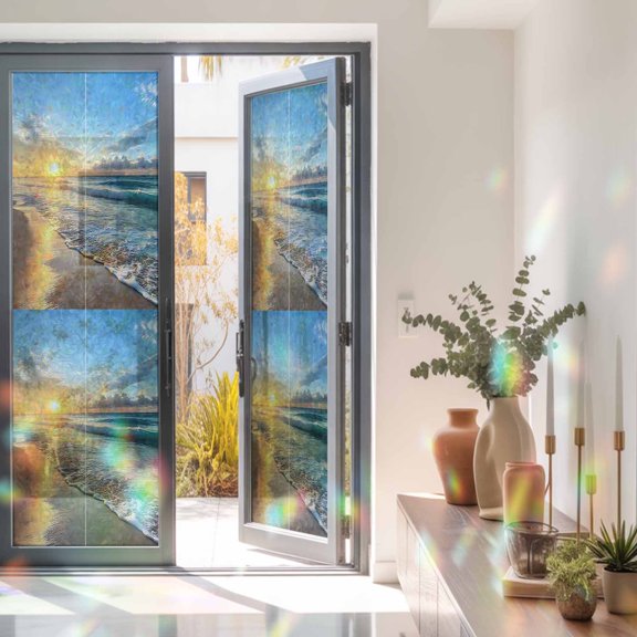 Summer Beach Sunset Waves Window Privacy Film, Rainbow Film Decorative Window Sticker 23.6x78.7in, Ocean Blue Water Ripple Sun Blocking Static Stained Glass Cling Tint Non-Adhesive