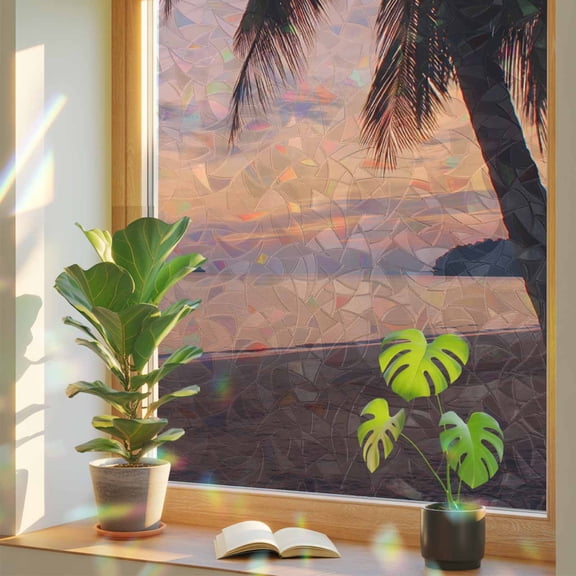Summer Beach Sunset Window Privacy Film, Rainbow Film Decorative Window Sticker 17.7x39.3in, Coconut Tree Shadow Sun Blocking Static Stained Glass Cling Tint Non-Adhesive