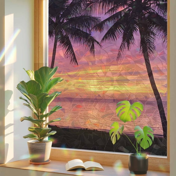 Summer Beach Sunset Window Privacy Film, Rainbow Film Decorative Window Sticker 17.7x39.3in, Palm Trees Shadow Sun Blocking Static Stained Glass Cling Tint Non-Adhesive