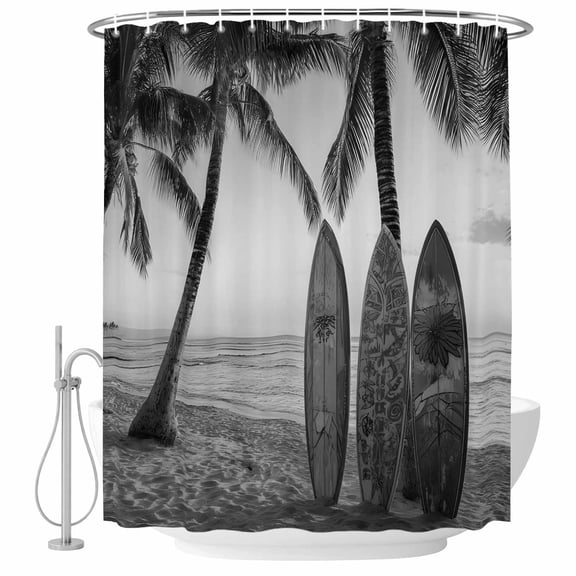 Summer Beach Surf Shower Curtain for Bathroom, Palm Trees Black And White Surfboard Seaside Waterproof Cloth Fabric Bathroom Accessories Set with 12 Rust Proof Plastic Hooks, 72"x78"