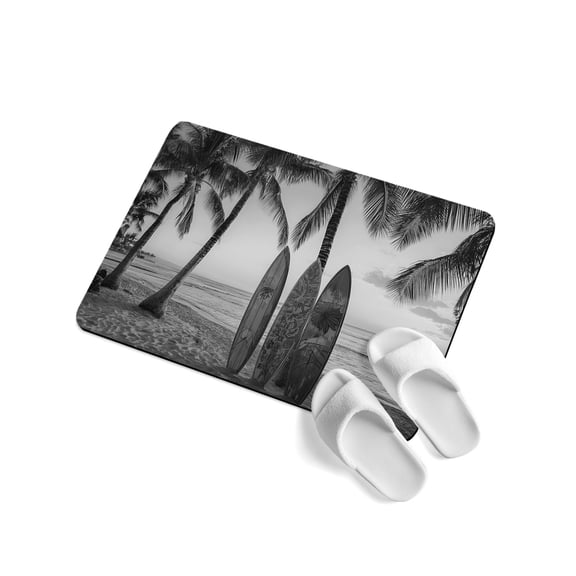 Summer Beach Surf Soft Diatomaceous Earth Mat, Palm Trees Black And White Surfboard Seaside Absorbent Bath Mat Non Slip Rubber Backed Quick Dry Doormat Fit Under Door for Bathroom Kitchen 16"x24"