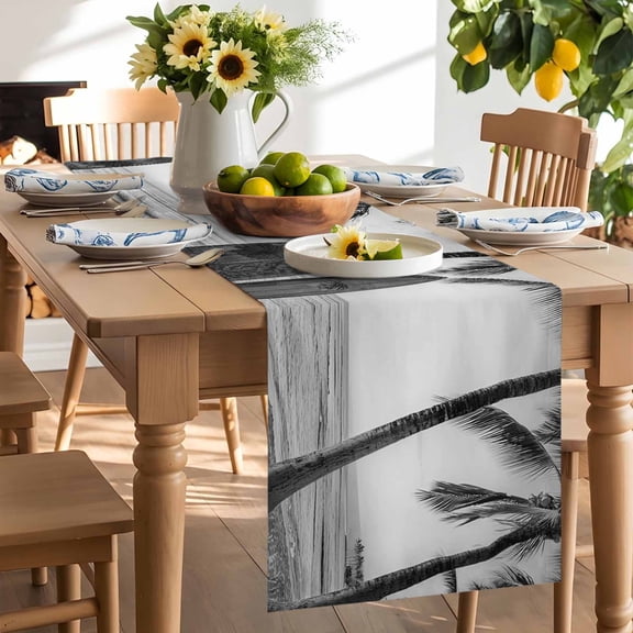 Summer Beach Surf Table Runner, Palm Trees Black And White Surfboard Seaside Washable Kitchen Table Runners Dress Scarves for Dining Table Decorations Party/Restaurant/Indoor Outdoor Use, 13x36in