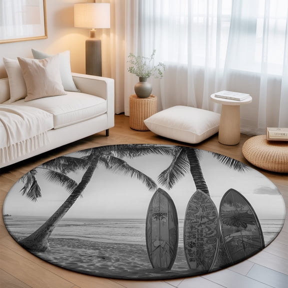 Summer Beach Surf Washable Round Area Rug 3 ft, Palm Trees Black And White Surfboard Seaside, Soft Non Slip Rugs Stain Repellent Indoor Felt Carpet for Living Dining Room Bedroom Home Office