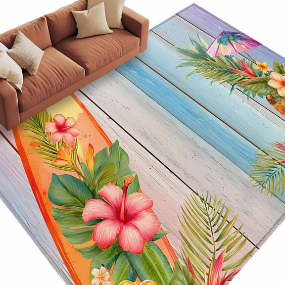 Summer Beach Surfboard Area Rug 6x9 Washable Rug Non Slip Tropical Palm Leaf Pineapple Floral Large Area Rug Soft Stainresistant Indoor Carpet for Living Room Bedroom Home Office Dining Room Nursery
