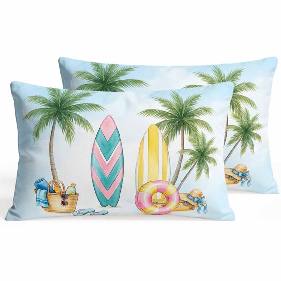 Summer Beach Surfboard Lumbar Pillow Covers 12 x 20 Inch Pillow Covers Set of 2 Decorative Tropical Palm Tree Swimming Ring Cushion Case Cotton Linen Pillowcases with Zipper for Couch Sofa Bed