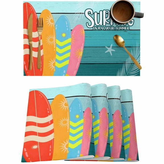 Summer Beach Surfboard Placemats Set of 4,Wipeable Washable Table Mats for Dining Tables,Teal Gradient Wood Board Place Mats for Kitchen Event Party Tabletop Decor