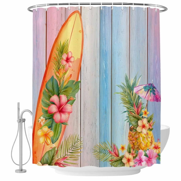 Summer Beach Surfboard Shower Curtain Set - Small 36" x 72" Washable Bathtub Curtain with 12 Hooks, Tropical Palm Leaf Pineapple Floral Waterproof Fabric Stall Shower Curtains for Bathroom Décor