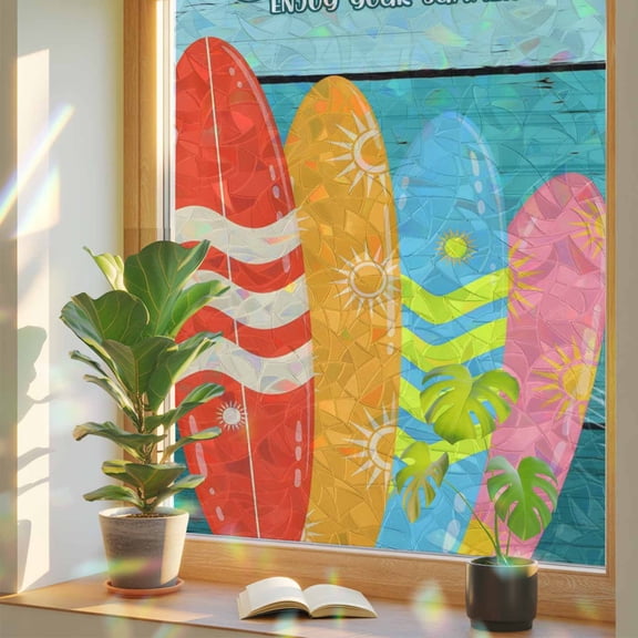 Summer Beach Surfboard Window Privacy Film, Rainbow Film Decorative Window Sticker 17.7x39.3in, Teal Gradient Wood Board Sun Blocking Static Stained Glass Cling Tint Non-Adhesive