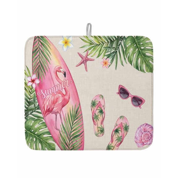 Summer Beach Surfboards Slipper Dish Drying Mats for Kitchen Counter,Absorbent Microfiber Dish Drainer Rack Mat Ocean Flower Leaf Retro Linen Drying Pad for Sinks,Utensils,Countertops,16x18in