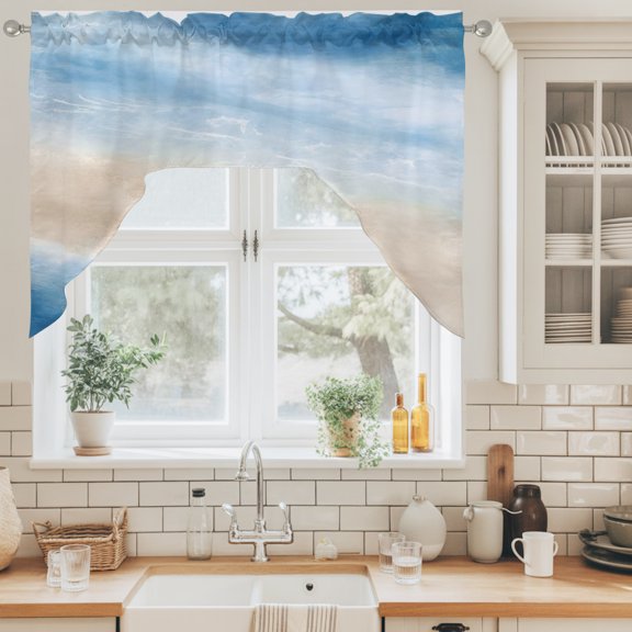 Summer Beach Swag Curtain Valance for Windows, Dark Blue Gradient Ocean Wave Beige Sand Abstract Swag Curtains Drapes Rod Pocket for Kitchen Bathroom Small Window, 1 Panel 56x36in