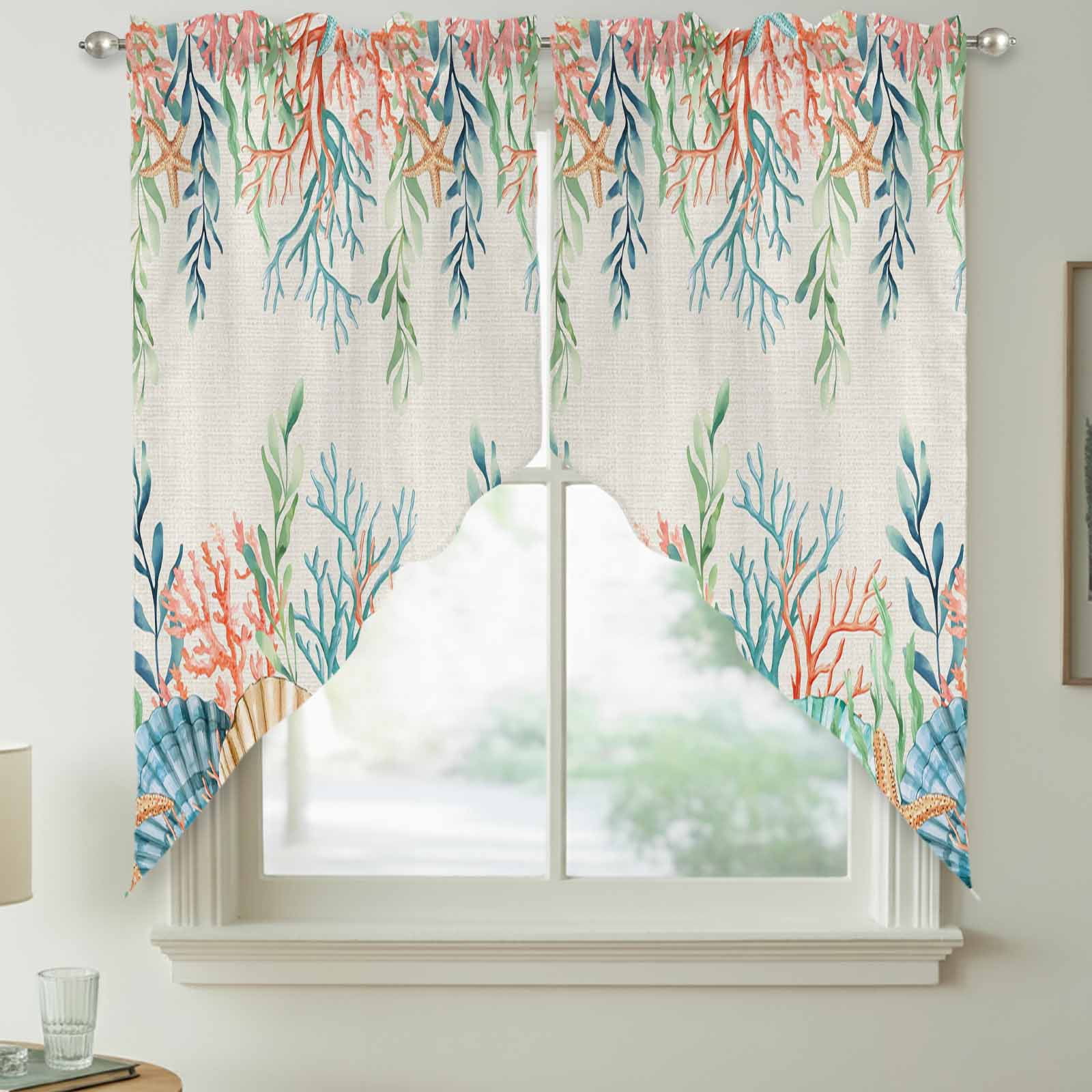 Summer Beach Swag Kitchen Curtain Valances, Ocean Colorful Coral Shell Seaweed Starfish Linen Rod Pocket Curtains Window Treatment Decor Valances for Bedroom Bathroom, 2 Panels 36 x 45 Inch