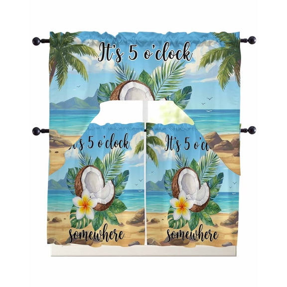 Summer Beach Swag Valance for Window, 3 Piece It's 5 O'clock Somewhere Tropical Coconut Floral Light Filtering Swag Curtain Rod Pocket Kitchen Curtain Valance for Bedroom 3 Piece