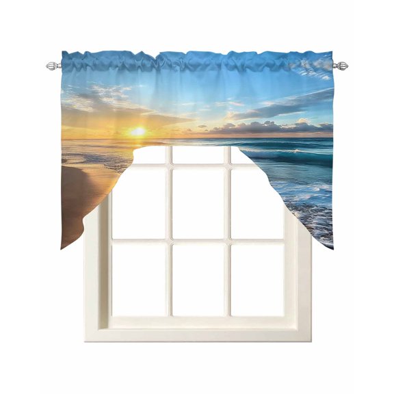 Summer Beach Swag Valances for Windows, Small Curtains Drapes, Sunset Ocean Coastal Nautical Kitchen Window Curtains Over Sink Rod Pocket Window Treatment Valance for Bedroom/Bathroom 56"x36"
