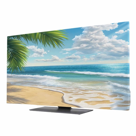 Summer Beach TV Cover for 50 Inch Screen, Stretch Fabric Dustproof TV Display Protector, Coastal Ocean Tropical Palm Trees Elastic Slipcover Monitor Cover for Indoor Desktop Computer 43.6"x24.5"