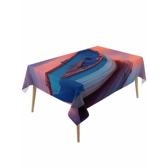 Summer Beach Table Cloth, Waterproof Tablecloth for Rectangle Tables, Boat Gradient Orange Sunset Natural Scenery Reusable Washable Fabric Table Cover for Restaurant Kitchen Dining Tables 60"x120"