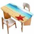 thumbnail image 1 of Summer Beach Table Cloths for 3 Foot Rectangle Tables, Coastal Red Starfish Conch Palm Seaside Patio Waterproof Elastic Fitted Tablecloths, Washable Rectangular Table Cover for Camping, 1 of 8