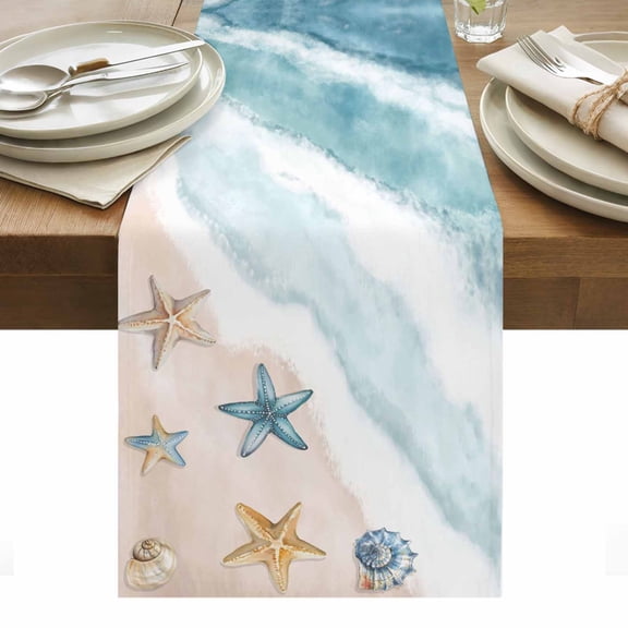 Summer Beach Table Runner 13 x 48 Inch, Abstract Gradient Green Ocean Waves Starfish Seashell Washable Cotton Linen Dining Table Runner Tabletop Decorations for Restaurant Home Kitchen Party