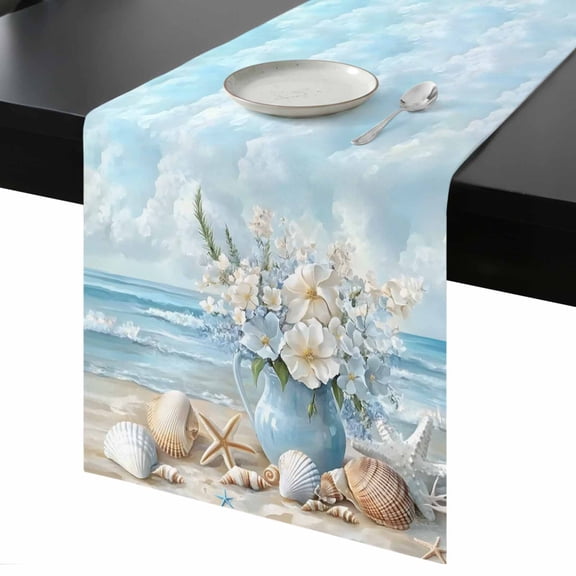 Summer Beach Table Runner 13x36 Inch Flower Vase Coastal Starfish Seashell Table Runner Non-Slip Dresser Scarves for Holiday Decorations, Party, Dinner and Gatherings, 1 Pack